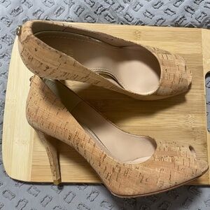 Stuart Weitzman Natural Cork Peep Toe Heels 7.5